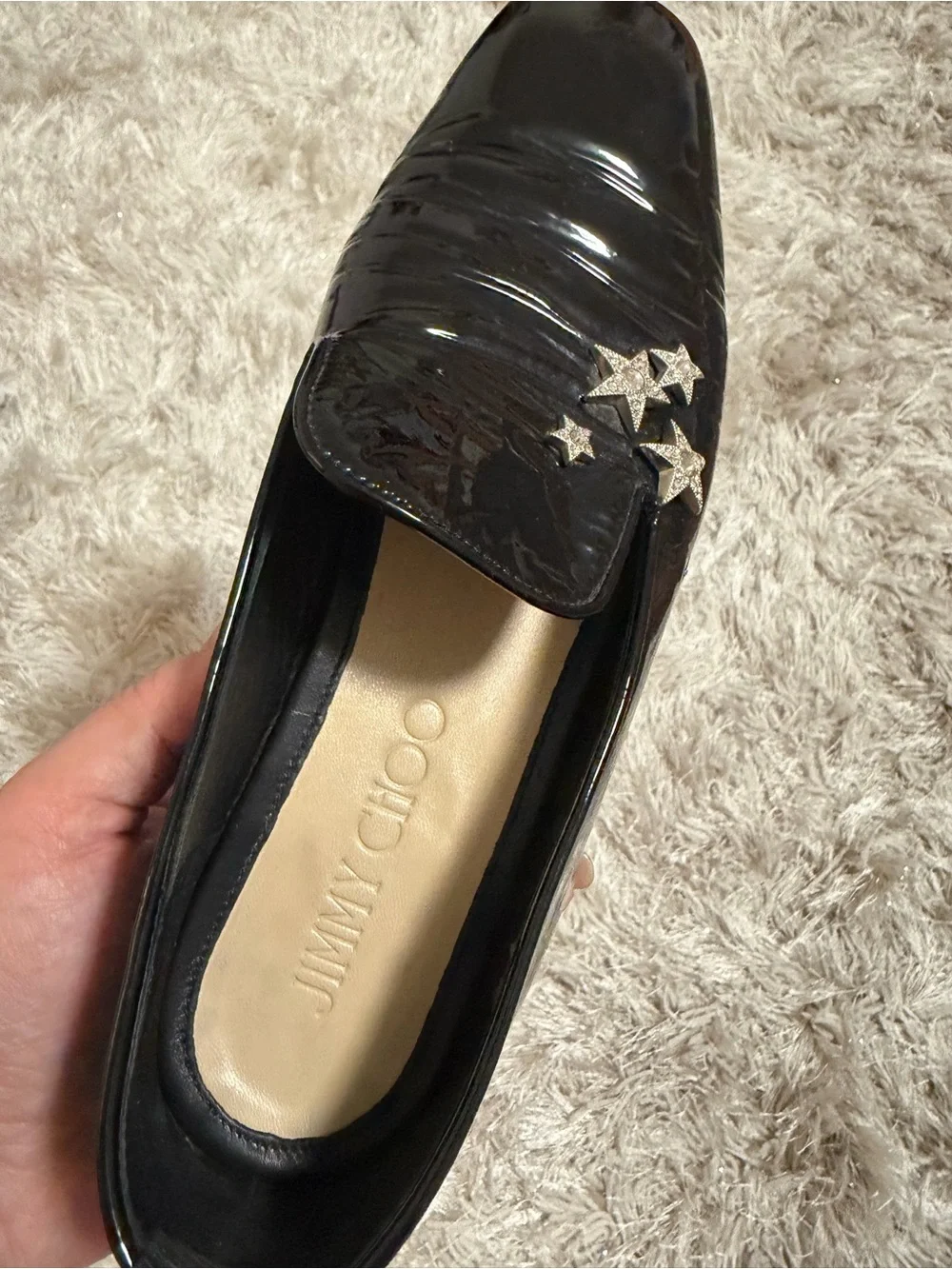Jimmy Choo Black Patent Loafers with Silver Crystal Stars